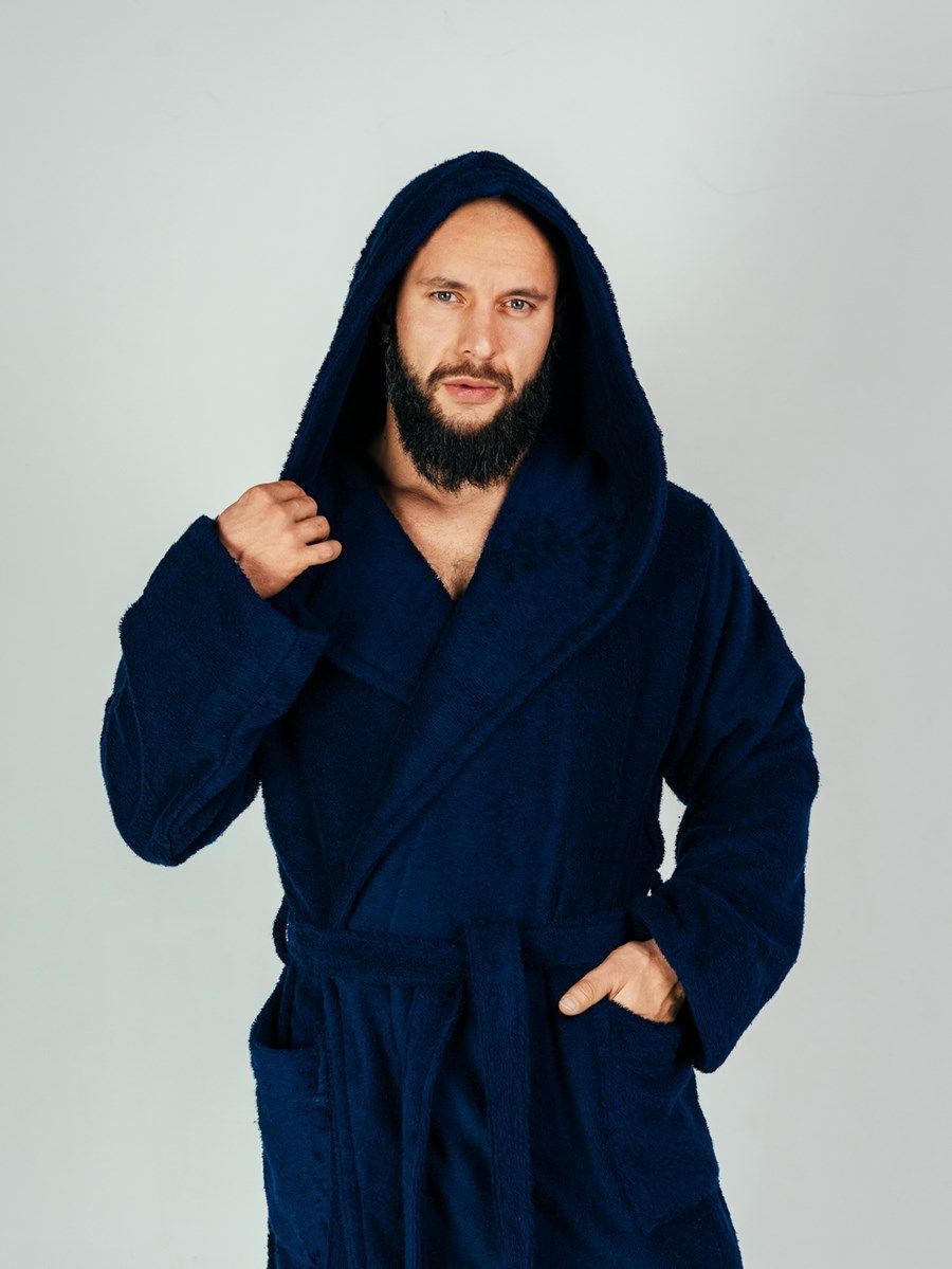 снимок Халат мужской махровый PandaHug с капюшоном, синий от магазина BIO-TEXTILES ОПТ