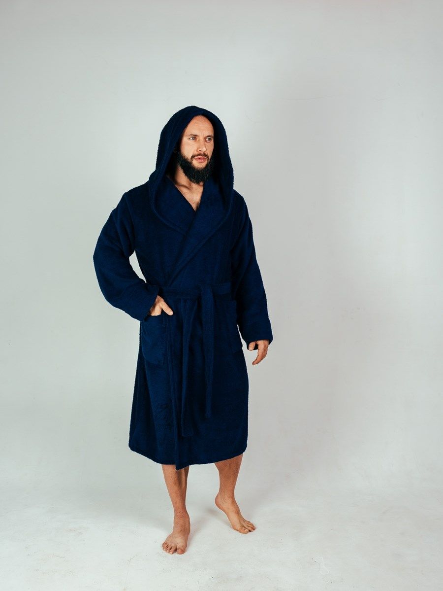 снимок Халат мужской махровый PandaHug с капюшоном, синий от магазина BIO-TEXTILES ОПТ