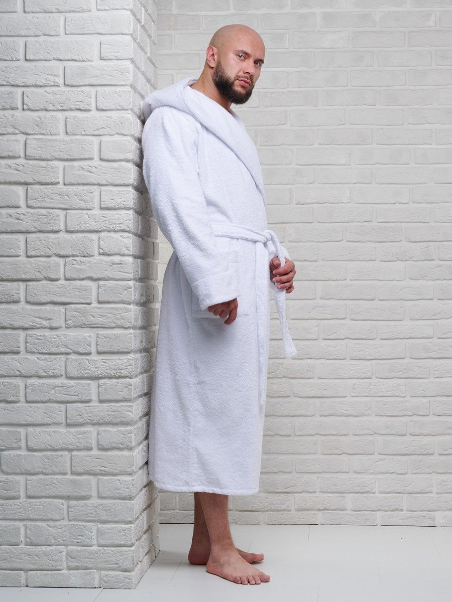 снимок Халат мужской махровый PandaHug с капюшоном, белый от магазина BIO-TEXTILES ОПТ