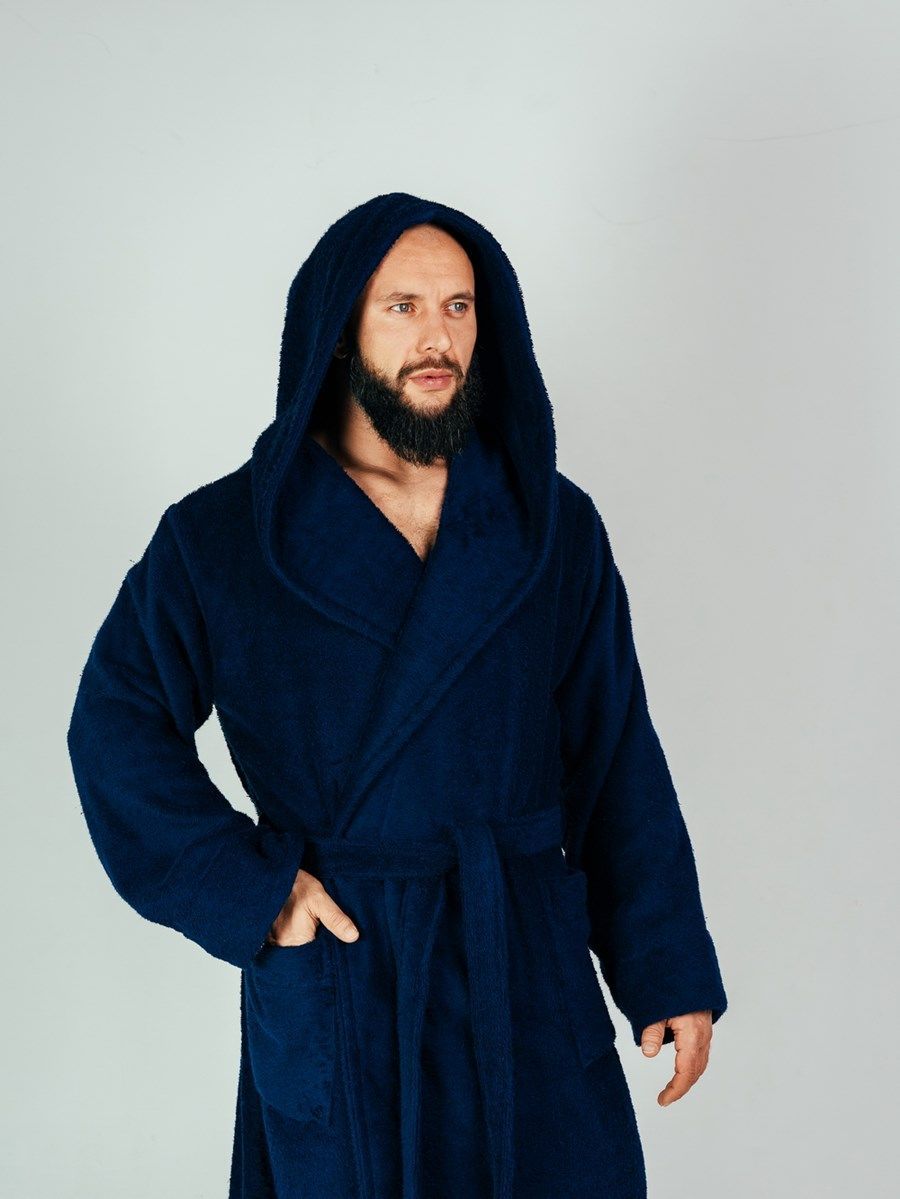 снимок Халат мужской махровый PandaHug с капюшоном, синий от магазина BIO-TEXTILES ОПТ