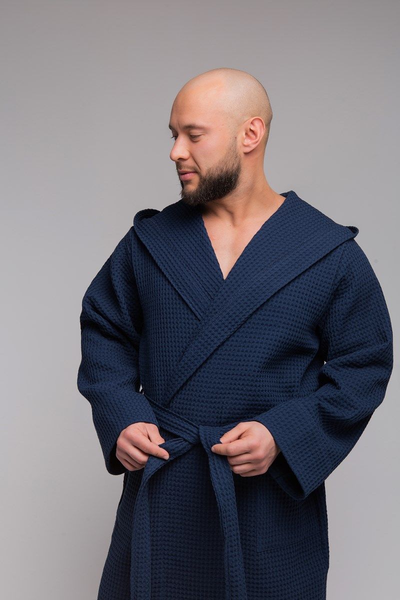 снимок Халат вафельный PandaHug Оrlando синий с капюшоном от магазина BIO-TEXTILES ОПТ
